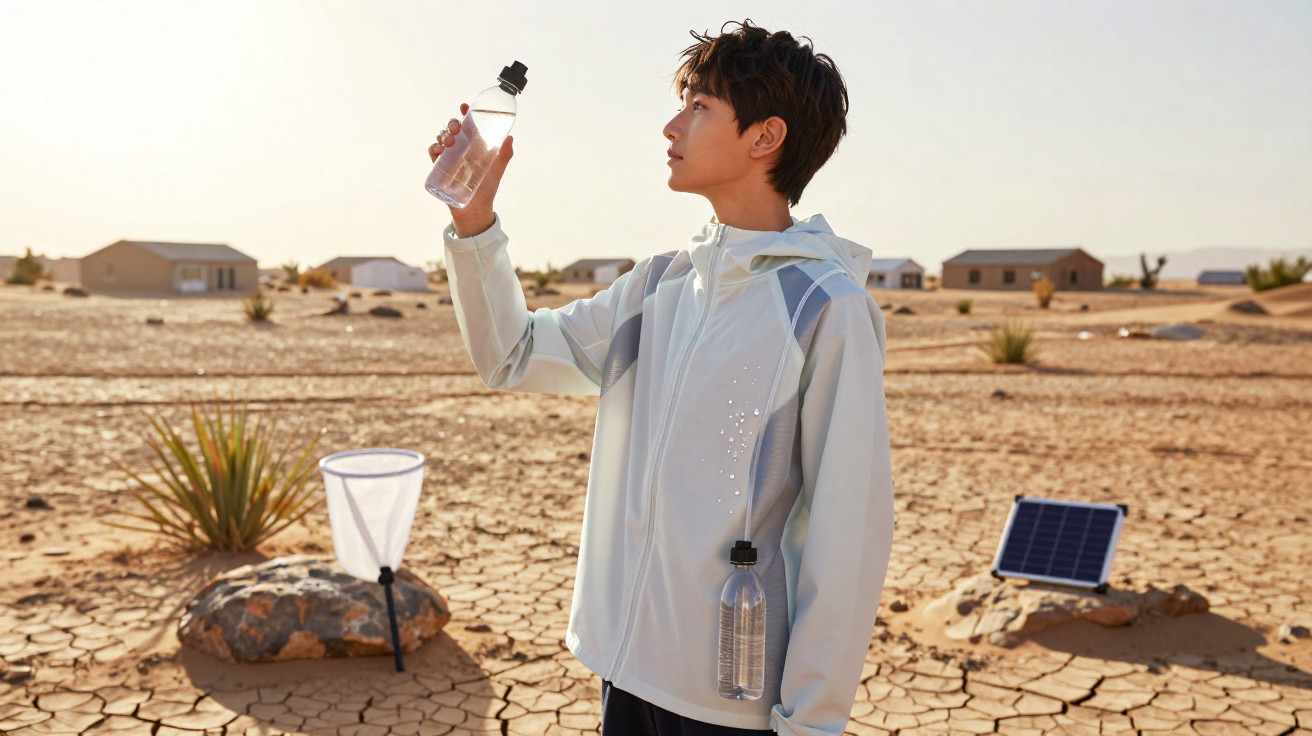 Junger Mann in weißer Jacke hält Trinkflasche in trockener, sonniger Wüstenlandschaft mit Solarpanel.