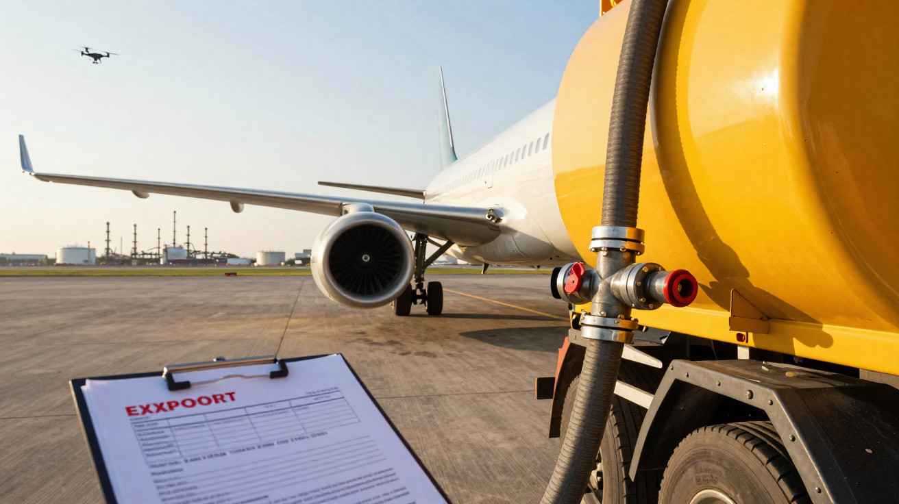Flugzeug wird am Rollfeld betankt, Drohne fliegt, Dokument mit Aufschrift "EXXPOORT" im Vordergrund.