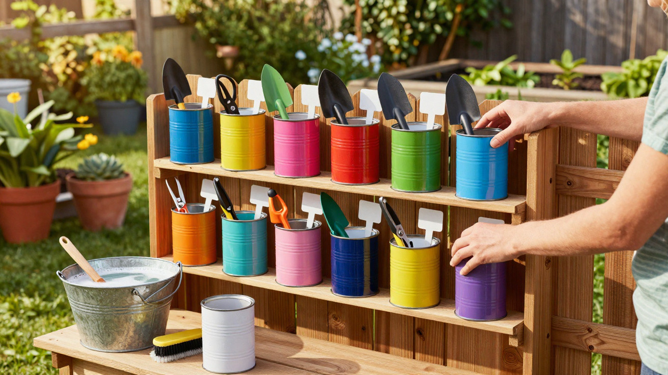 Bunte Dosen mit Gartengeräten und beschrifteten Etiketten auf einem Holzregal im Garten, Person greift nach Dose.