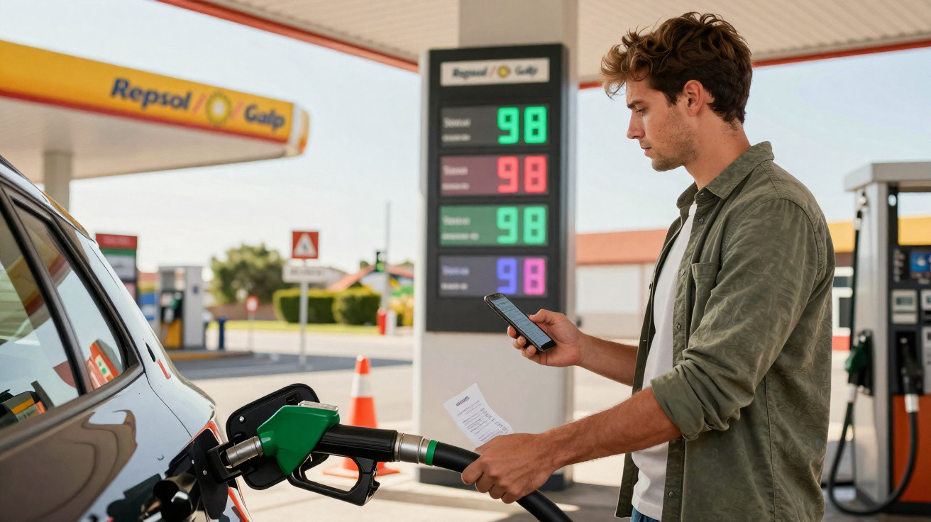 Junger Mann tankt Auto an Repsol Tankstelle und blickt auf sein Smartphone.