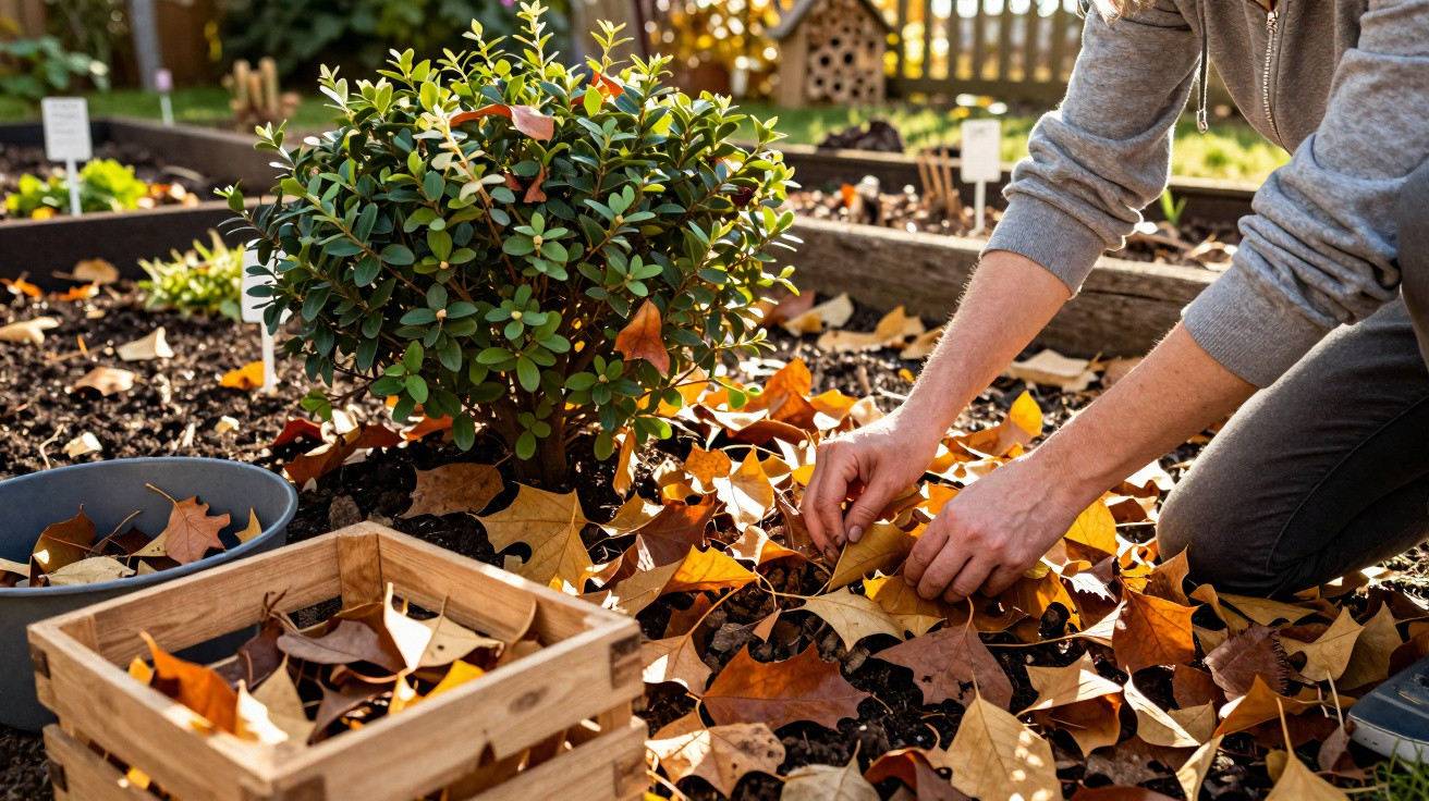 Person sammelt bunte Herbstblätter im Garten neben einem kleinen grünen Busch in einer Holzkiste.