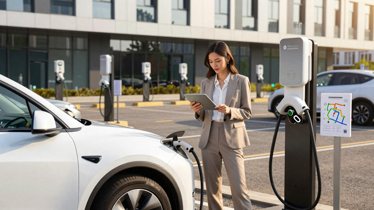 Frau im Businessanzug lädt Elektroauto an Ladestation in einem modernen Parkhaus auf.
