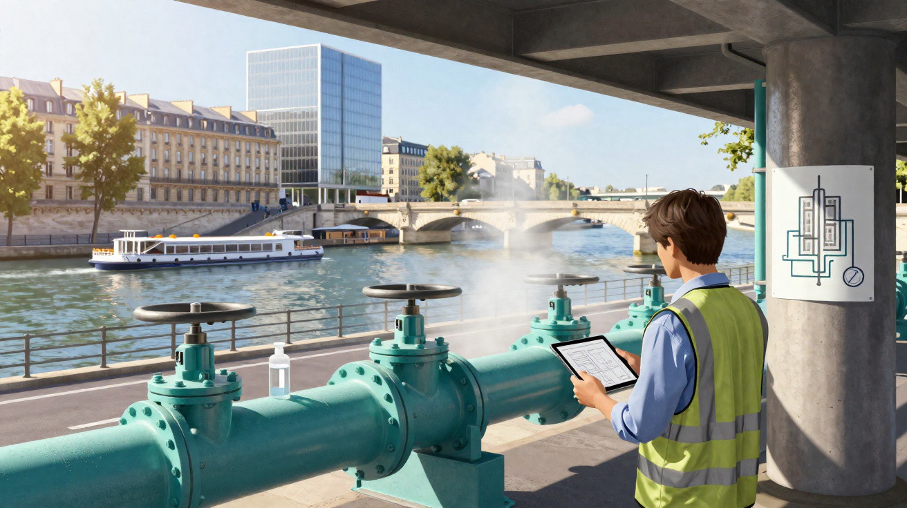 Techniker in Warnweste überprüft Rohrleitung mit austretendem Dampf an einem Flussufer in der Stadt.