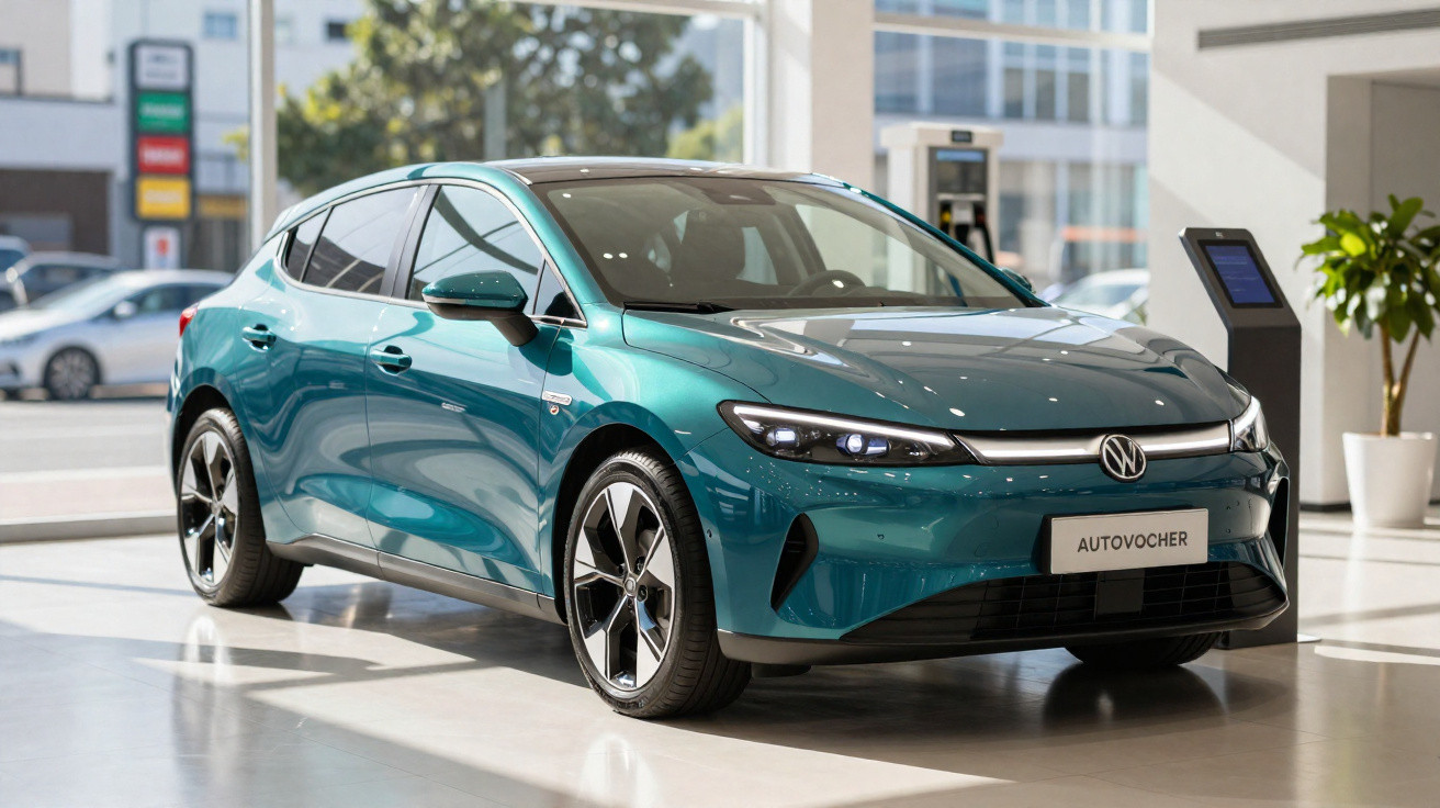 Blaugrüner VW ID.5 Elektro-SUV fahrbereit in einem hellen Autohaus mit großen Fenstern.