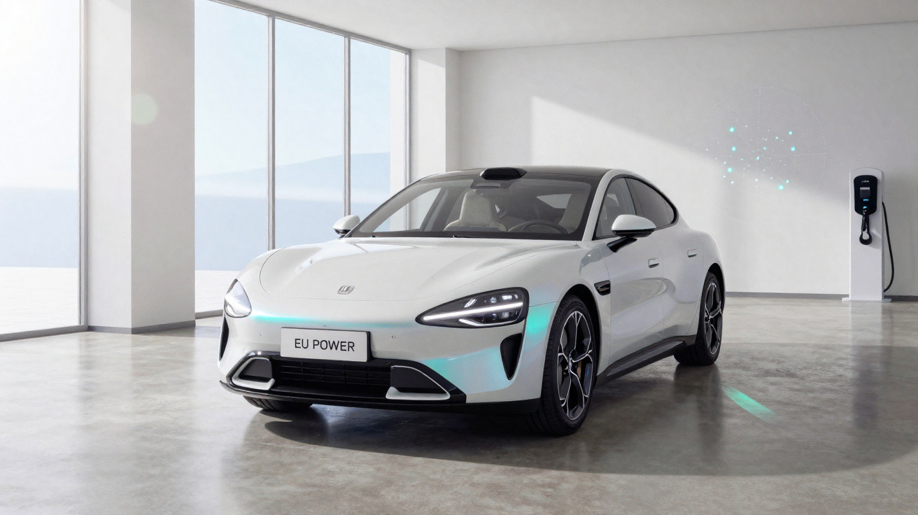 Weißes Elektroauto mit EU POWER Nummernschild lädt an Ladestation in hellem Raum mit Fensterfront.