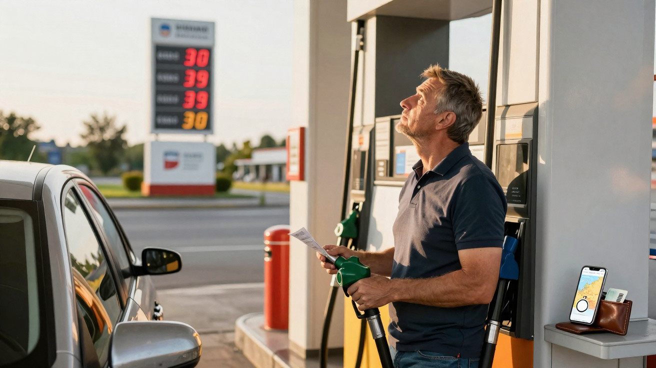 Mann tankt Auto an Tankstelle und schaut zum Preisschild für Kraftstoffpreise.