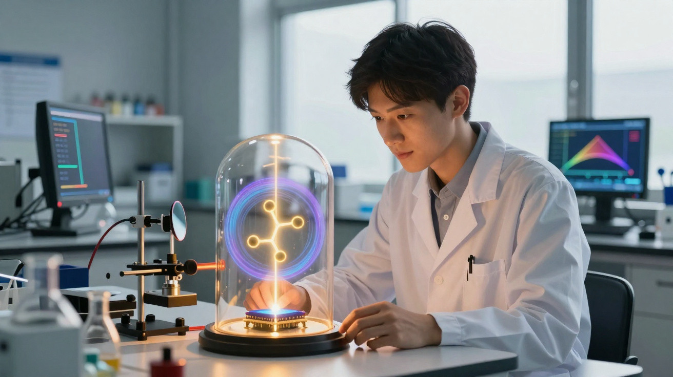 Wissenschaftler im weißen Kittel untersucht holografisches Molekül unter Glasglocke im Hightech-Labor.