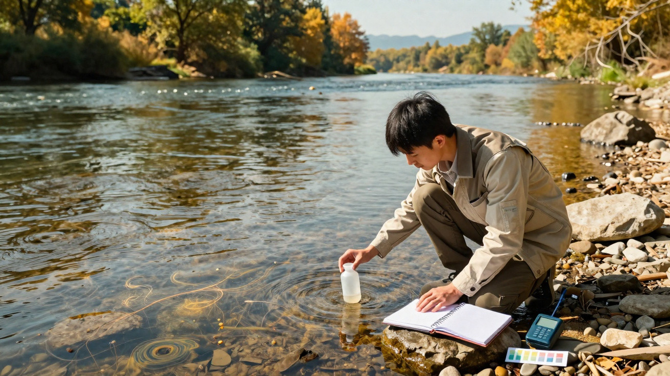 Mann entnimmt Wasserprobe an einem Flussufer mit Laborgeräten und Notizbuch in herbstlicher Landschaft.
