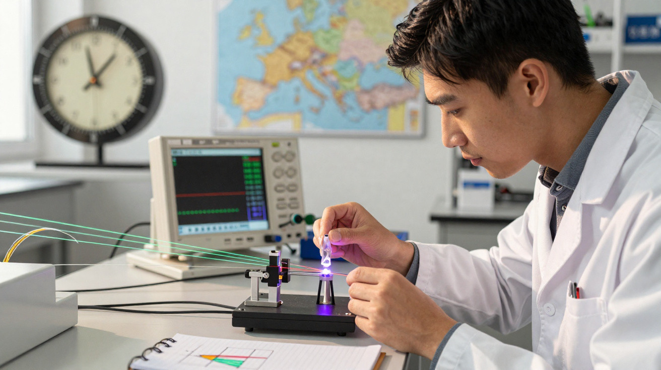 Wissenschaftler im Labor arbeitet mit Laserstrahlen und optischen Geräten zur Lichtmessung.