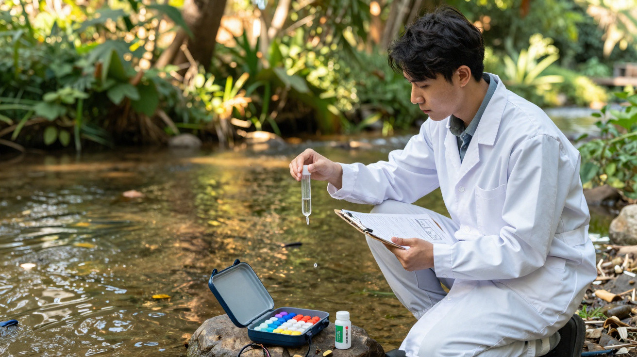 Wissenschaftler im weißen Kittel entnimmt Wasserprobe aus einem Fluss zur Analyse mit chemischem Testset.