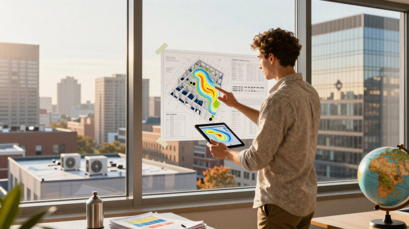 Mann analysiert bunte Datenkarte an Fenster mit Tablet in modernem Büro und Stadtblick im Hintergrund.