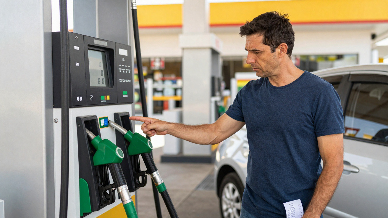 Mann an Tankstelle bedient Zapfpistole und hält Quittung neben silbernem Auto.