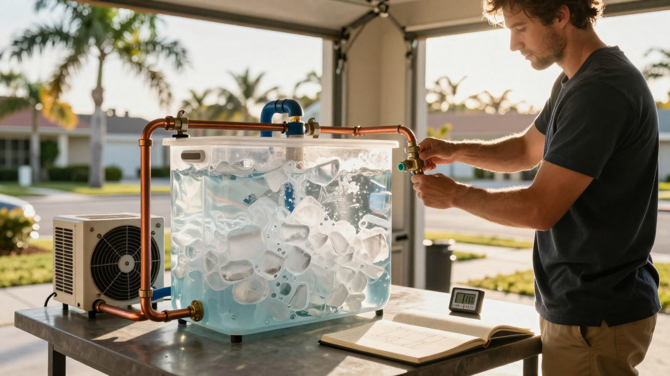 Mann bedient ein Gerät mit Eiswürfeln und Wasser in einem transparenten Behälter im Freien.