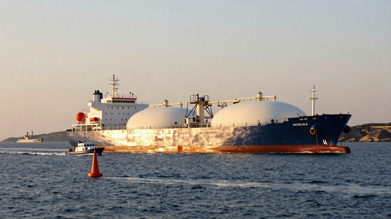 Tankerschiff mit zwei großen kugelförmigen Tanks fährt bei Sonnenuntergang auf dem Meer nahe einer Küste.