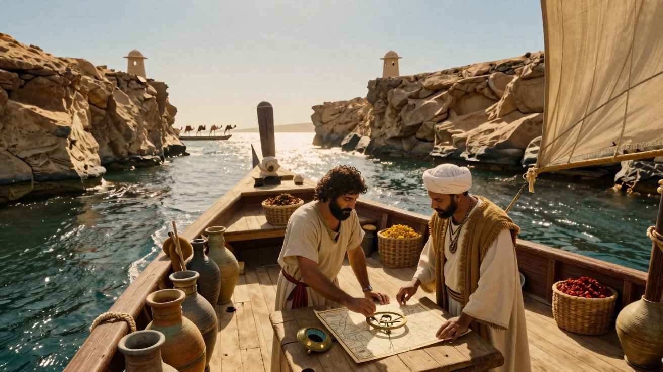 Zwei Männer in traditioneller Kleidung auf einem Segelboot navigieren mit Karte auf einem Fluss zwischen Felsen.