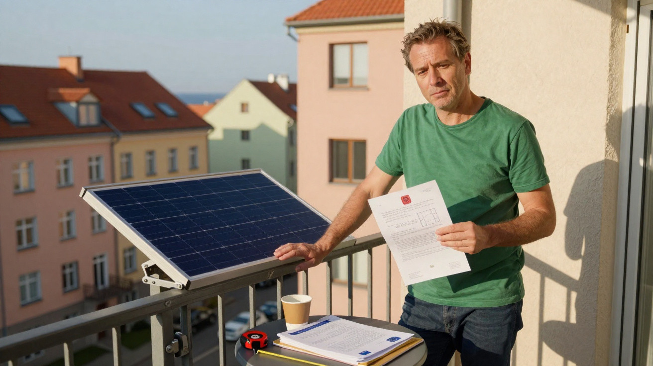 Mann steht auf Balkon neben kleinem Solarpanel und hält ein Dokument in der Hand.