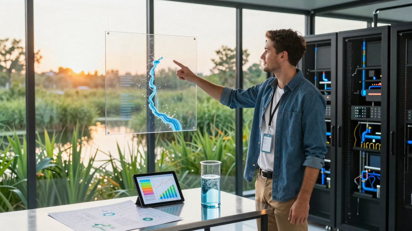 Mann analysiert Wasserfluss und Daten auf transparentem Bildschirm in modernem Labor mit Servern im Hintergrund.