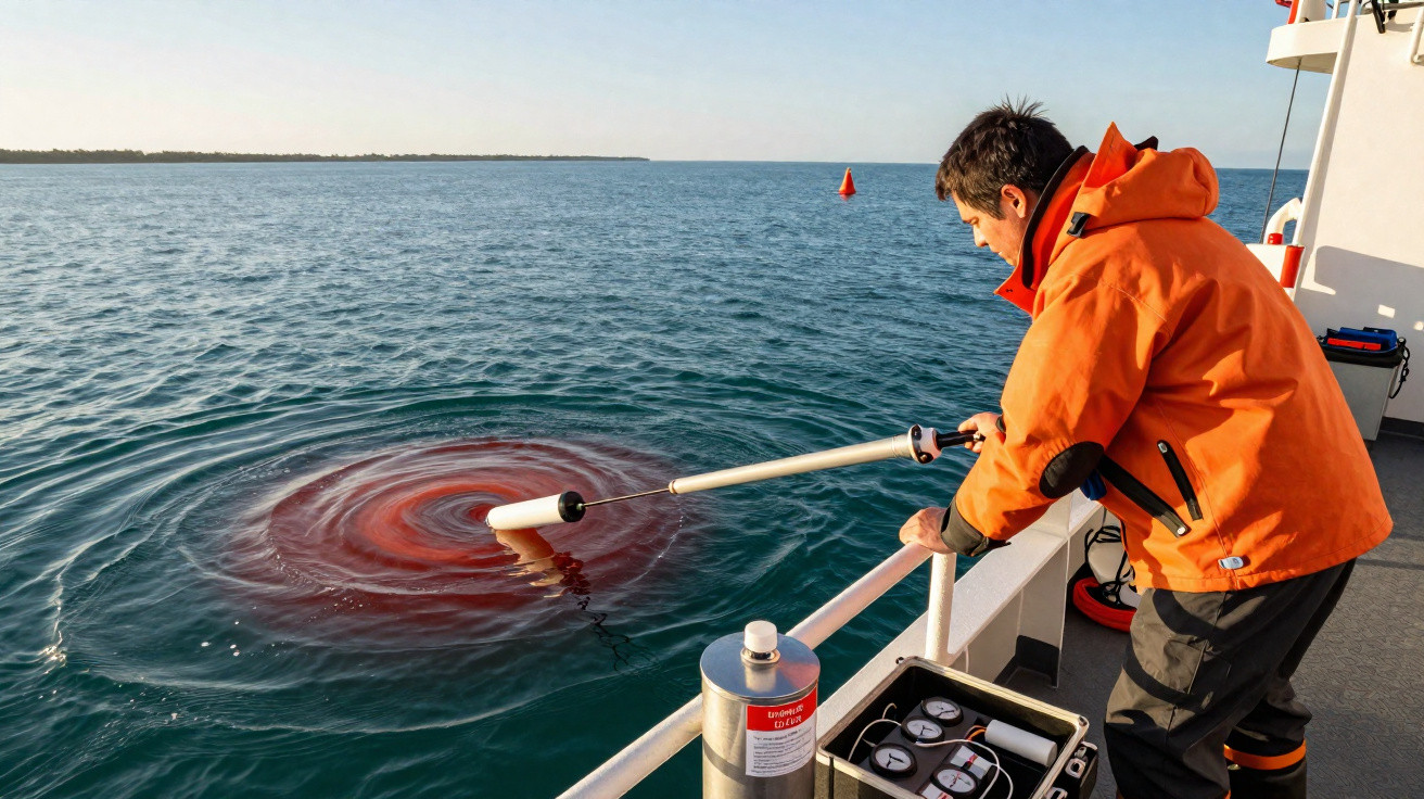 Mann in orangener Jacke steht auf Boot und führt Messgerät mit rotem Wasserwirbel im Meer.