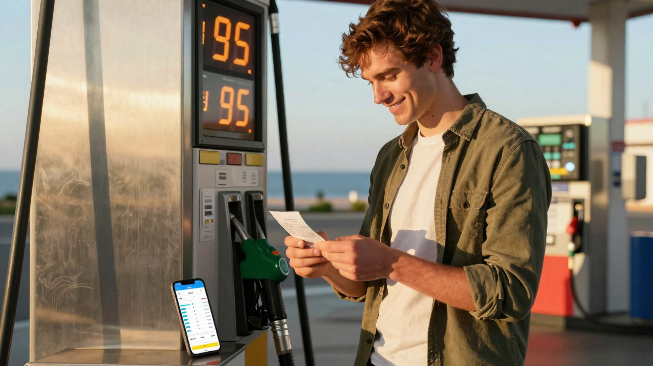Junger Mann an Zapfsäule liest Beleg, daneben Smartphone mit geöffneter App bei Tankstelle am Meer.