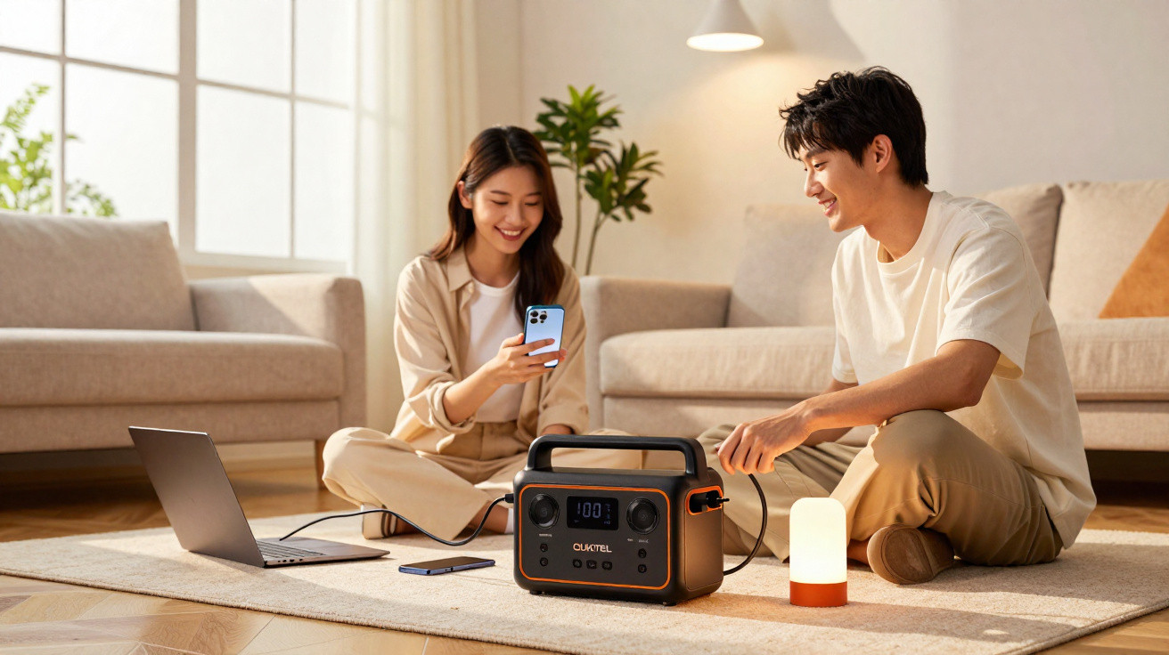 Zwei junge Menschen laden mit einer Solargeneratorstation Geräte in einem hellen Wohnzimmer auf.