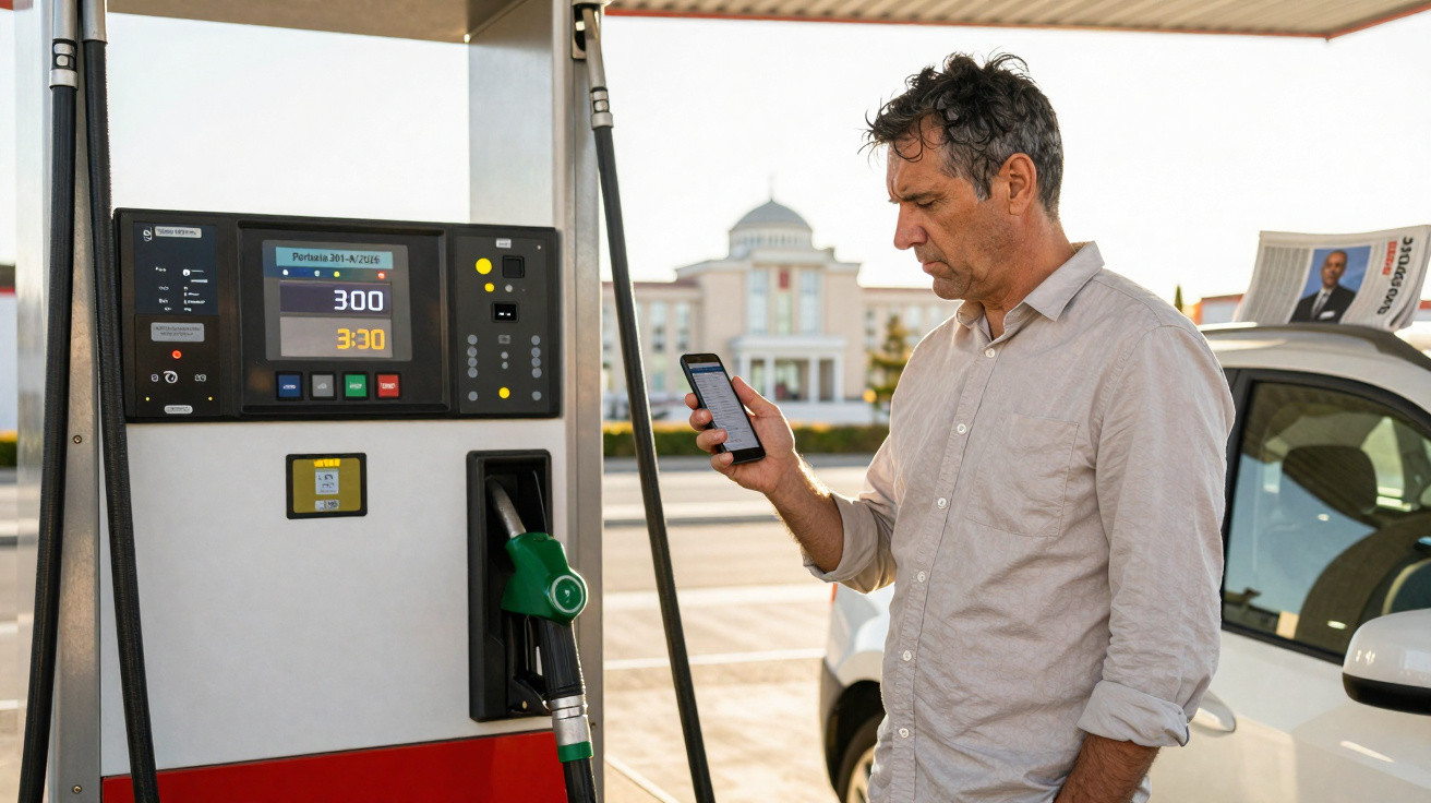 Mann steht bei Zapfsäule und blickt auf sein Smartphone an einer Tankstelle.