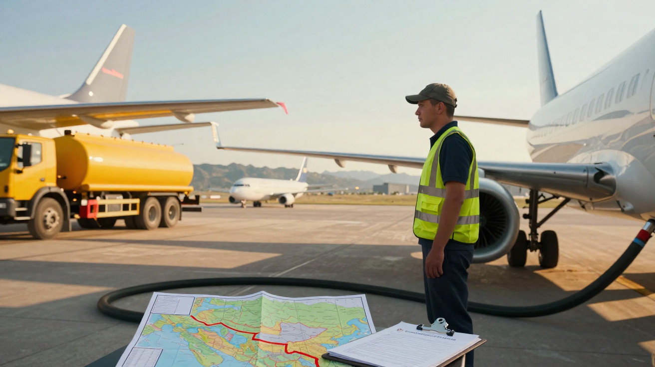 Mitarbeiter in Warnweste neben Flugzeug und Kraftstofftankwagen auf Flughafen mit Karte und Klemmbrett.