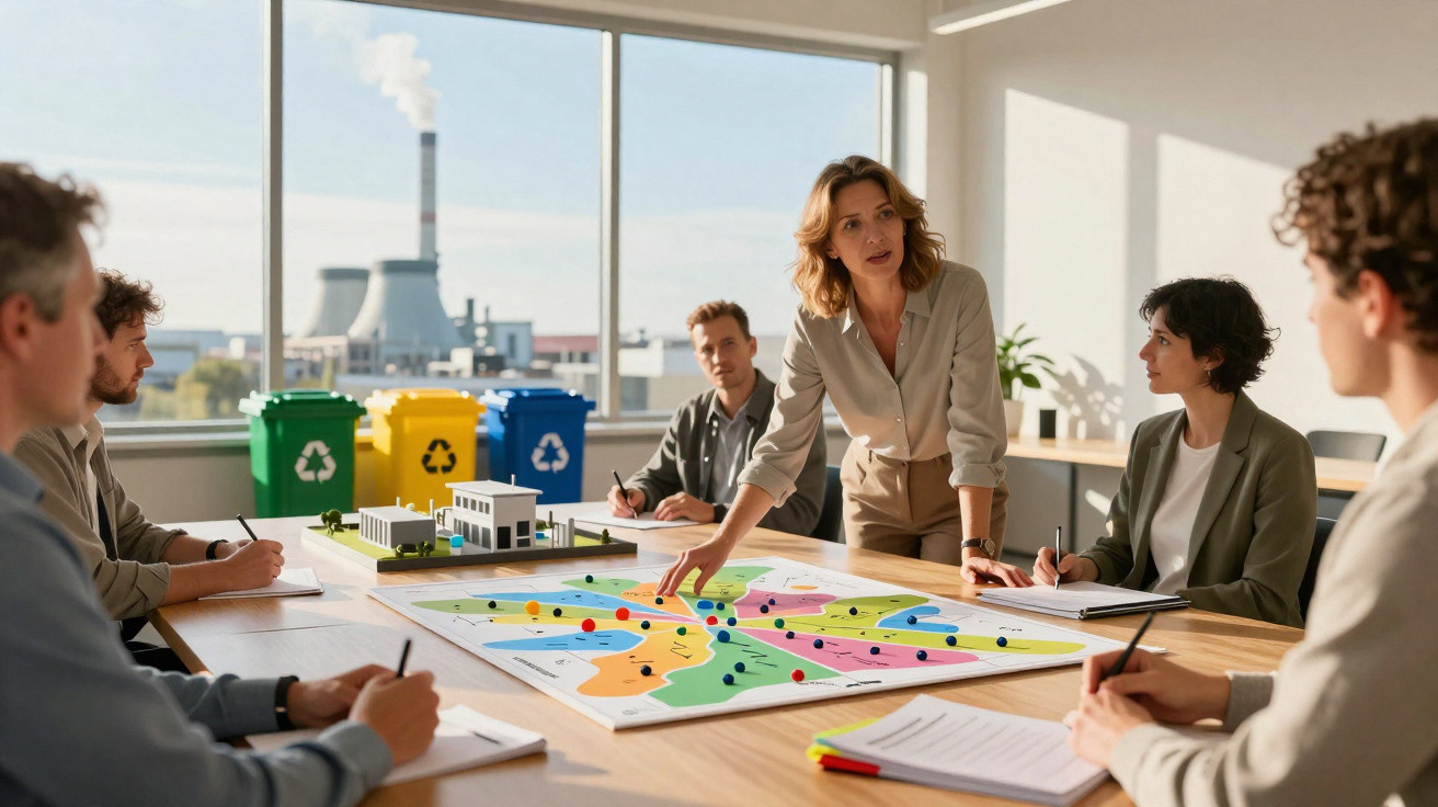 Team diskutiert Stadtplan mit Modellen im Besprechungsraum, Recyclingbehälter und Fabrikfenster im Hintergrund sichtbar.