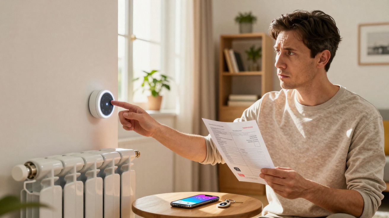 Mann justiert Thermostat an Heizung, hält Heizkostenabrechnung in der Hand, Smartphone auf Tisch daneben.