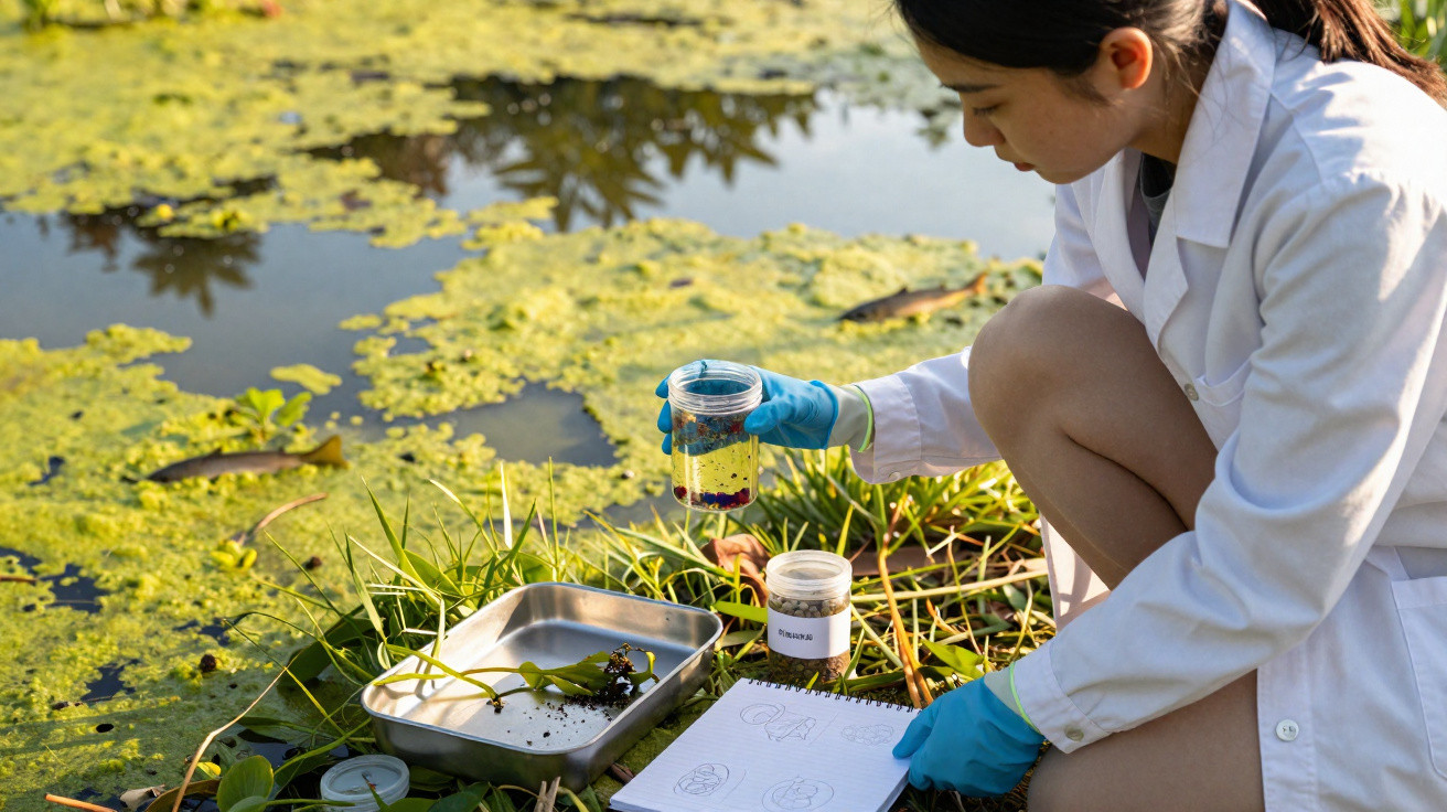 Wissenschaftlerin in weißem Kittel untersucht Wasserprobe an einem Teich mit Algenbewuchs.