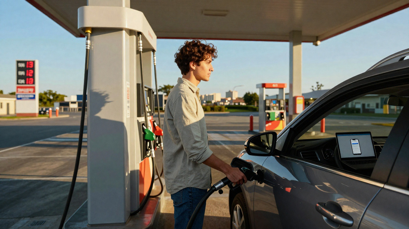 Junger Mann an einer Tankstelle betankt ein graues Auto bei Sonnenuntergang.