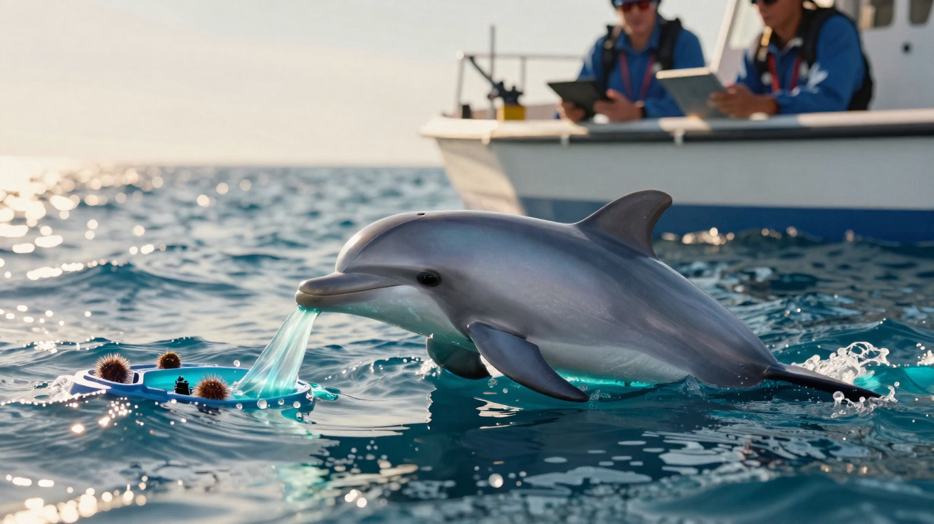 Ein Delfin schwimmt neben einem Boot im Meer und untersucht ein Schwimminstrument mit Seeigeln.