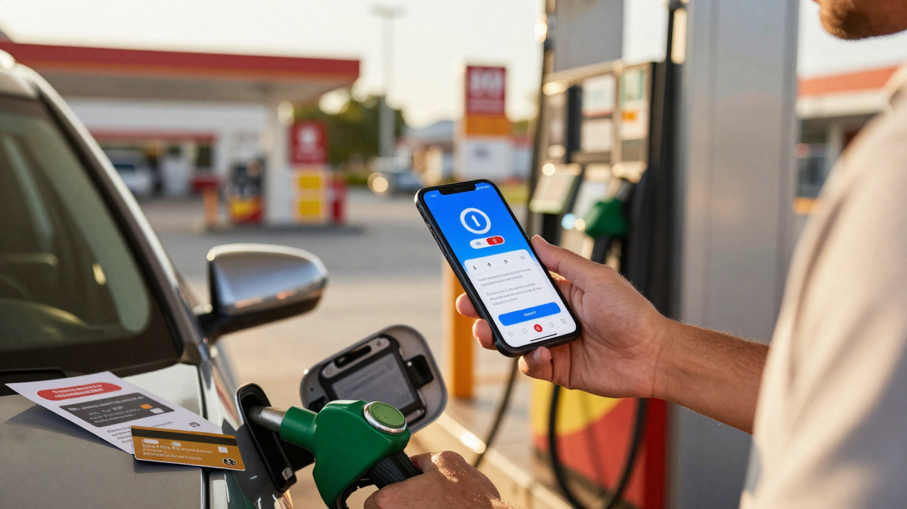 Person hält Smartphone und Zapfpistole an Tankstelle, Auto wird betankt.