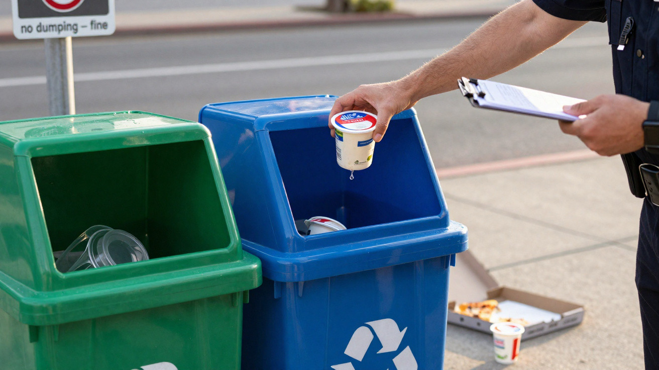 Person wirft einen Becher in eine blaue Recycling-Tonne neben einer grünen Mülltonne auf einem Gehweg.