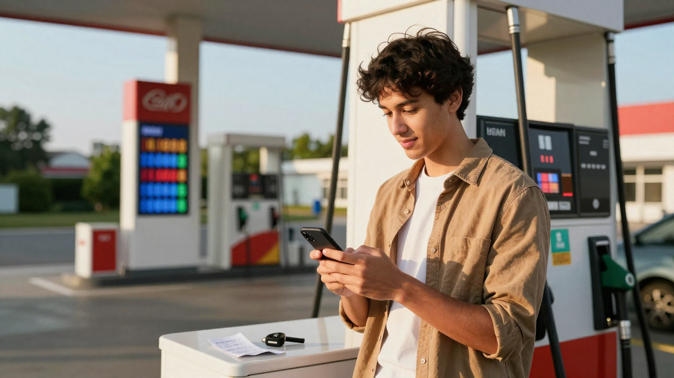 Junger Mann nutzt Handy an Tankstelle neben Zapfsäule und Autoschlüssel auf Tresen.