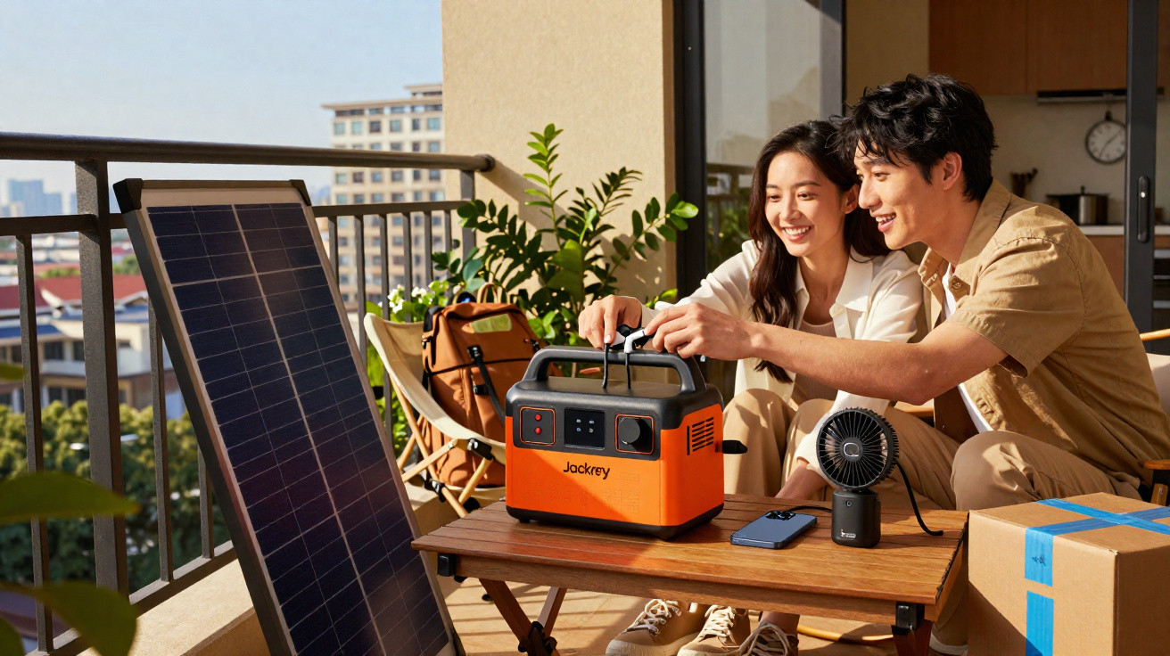 Junges Paar bedient Solargenerator auf Balkon mit Solarpanel und elektrischen Geräten bei Tageslicht.