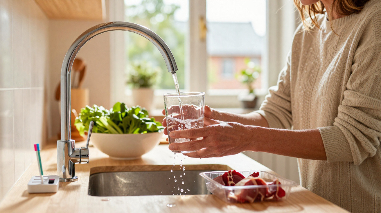 Person füllt ein Glas mit Wasser aus der Küchenspüle, neben Schale mit frischem Gemüse.