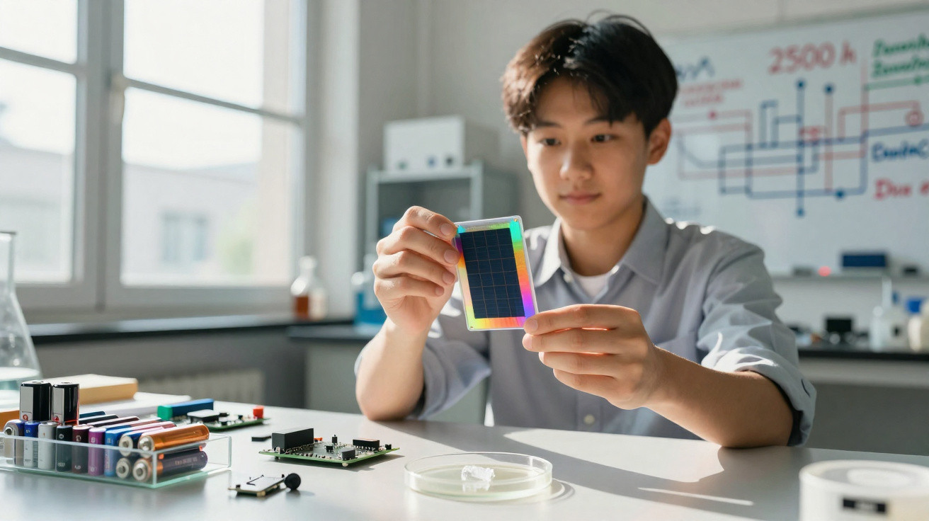 Junger Mann untersucht solarzellenähnliches Bauteil im hellen Labor mit technischen Geräten auf dem Tisch.