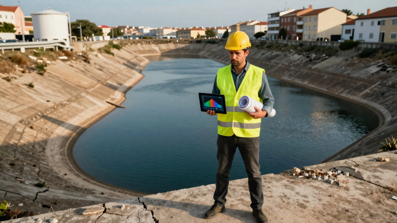 Ingenieur mit Schutzhelm und Warnweste steht vor einem wassergefüllten Stausee mit digitalen Daten auf Tablet.