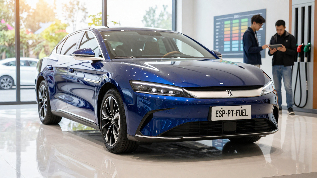 Blauer Elektro-Limousinenwagen in einem hellen Showroom mit zwei Personen im Hintergrund.