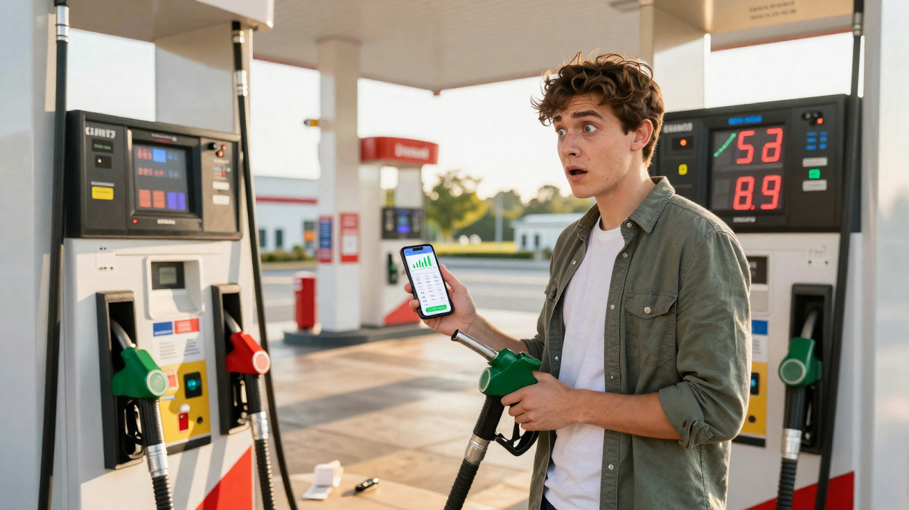 Junger Mann an Tankstelle hält Zapfpistole und schaut überrascht auf sein Handy mit steigenden Benzinpreisen.