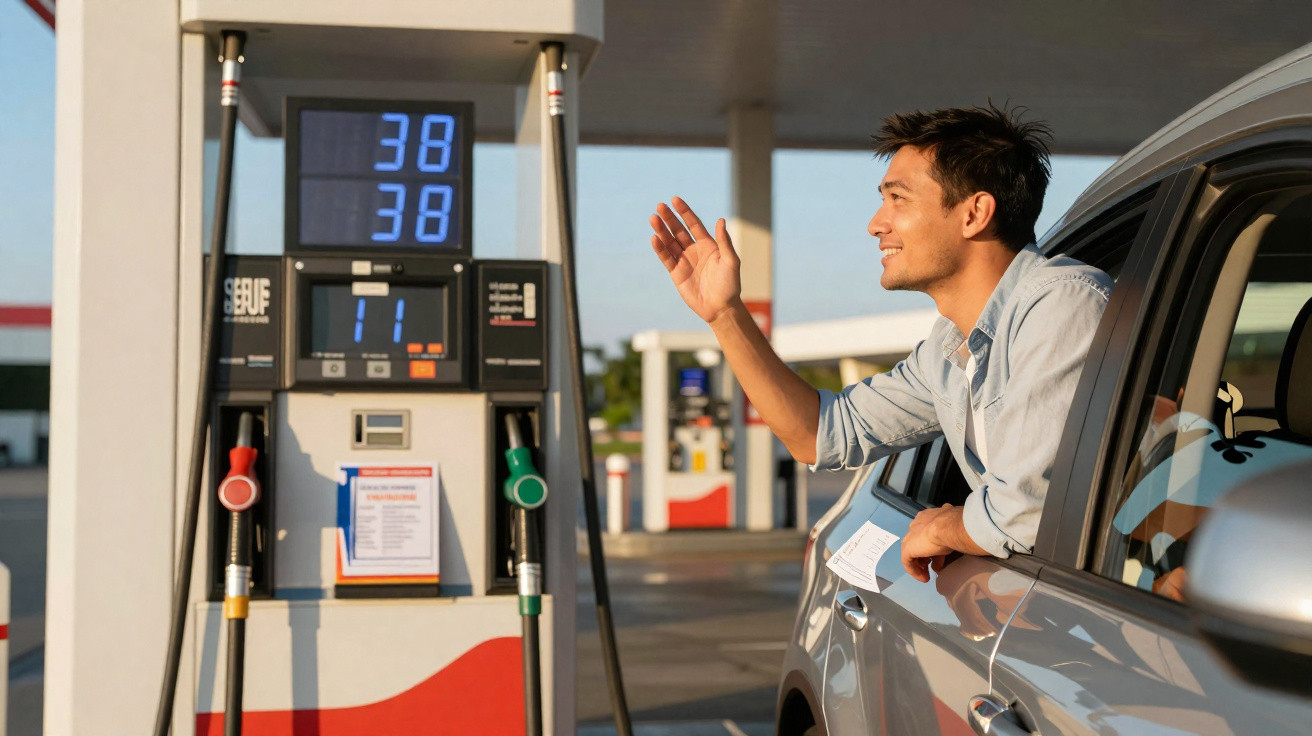 Mann sitzt im Auto an Zapfsäule und winkt an einer Tankstelle im Sonnenlicht.