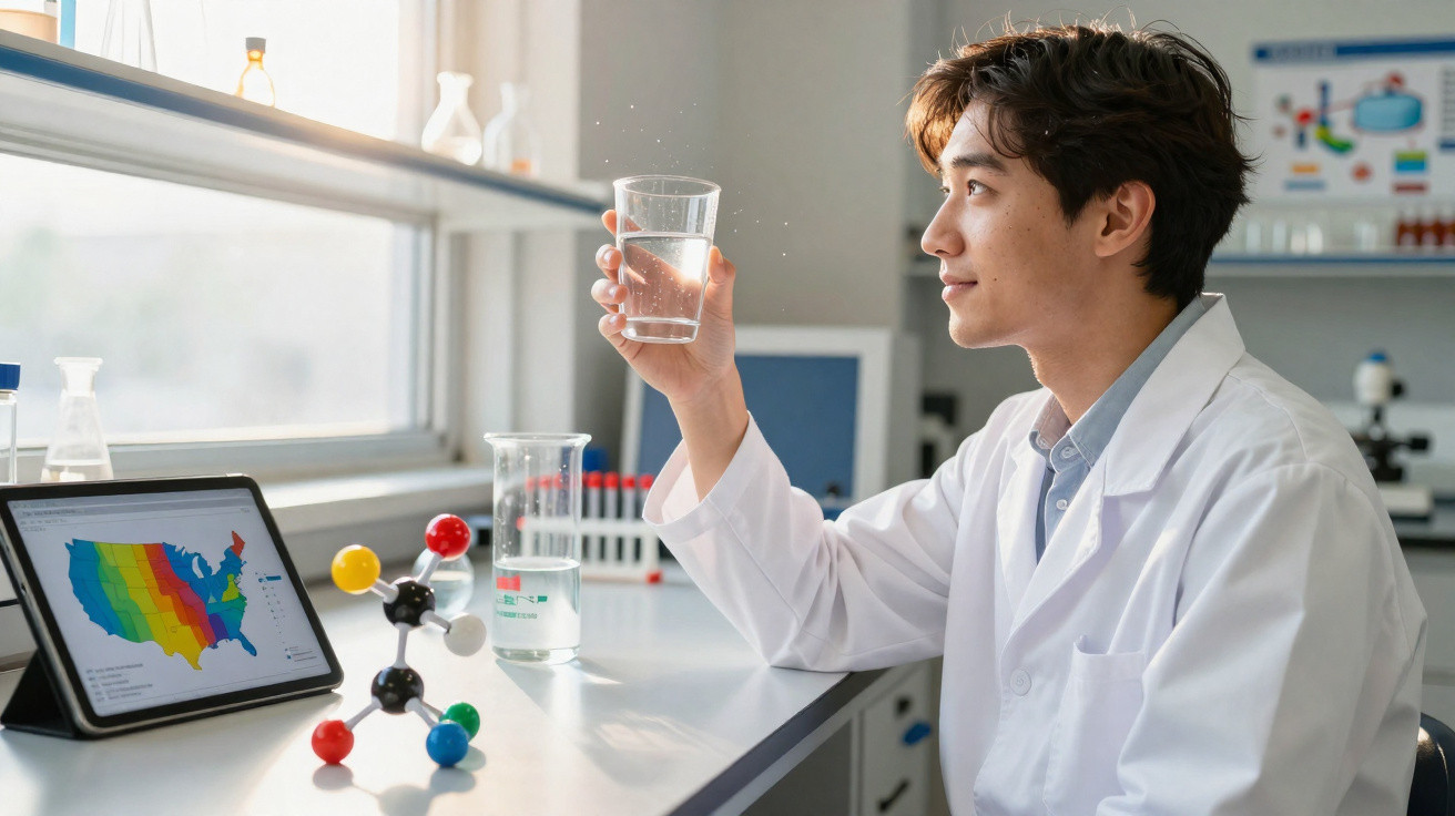 Junger Wissenschaftler im Labor hält ein Glas Wasser und betrachtet es vor einem Tablet mit einer US-Karte.