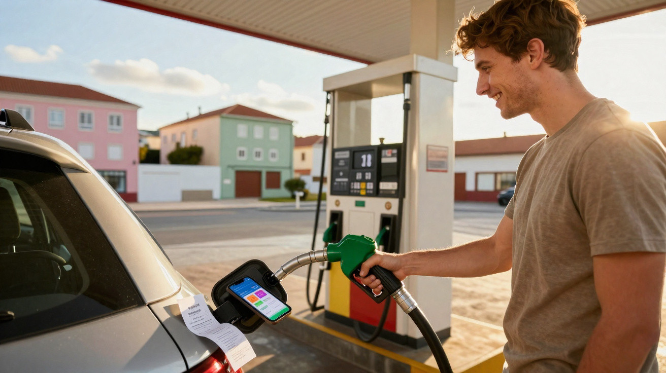 Mann tankt Auto an Zapfsäule, Smartphone mit App steckt statt Zapfpistole im Tankstutzen bei Sonnenuntergang.