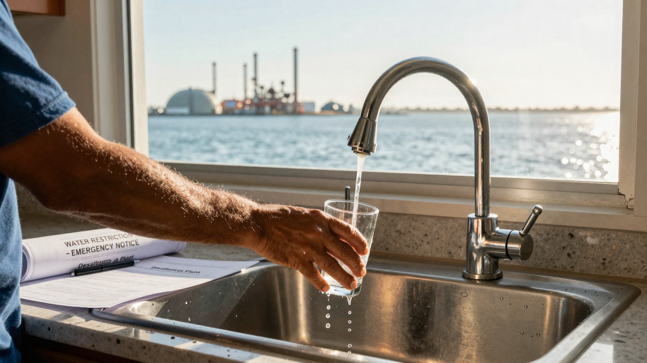 Hand füllt Glas mit frischem Wasser aus Küchenarmatur mit Wasserwerk im Hintergrund am Fenster.