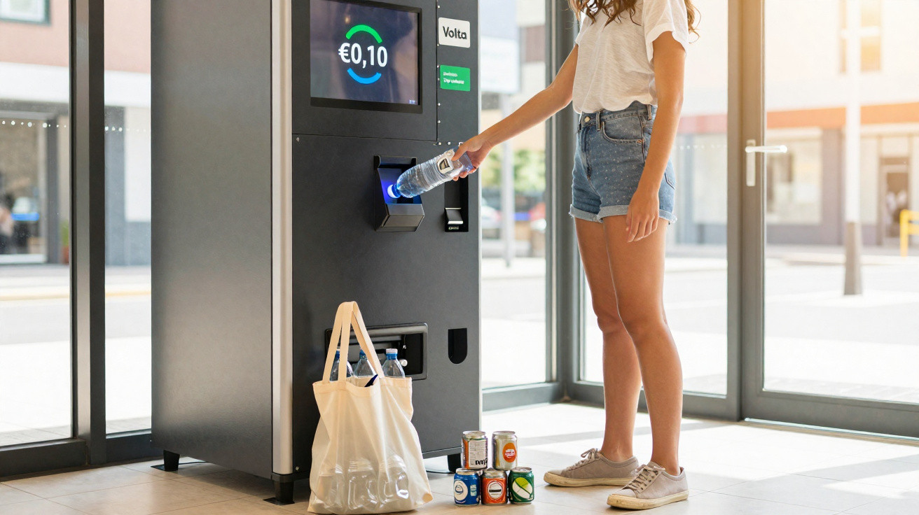 Frau gibt leere Flasche in Rücknahmeautomat und erhält Pfand von 0,10 Euro zurück.