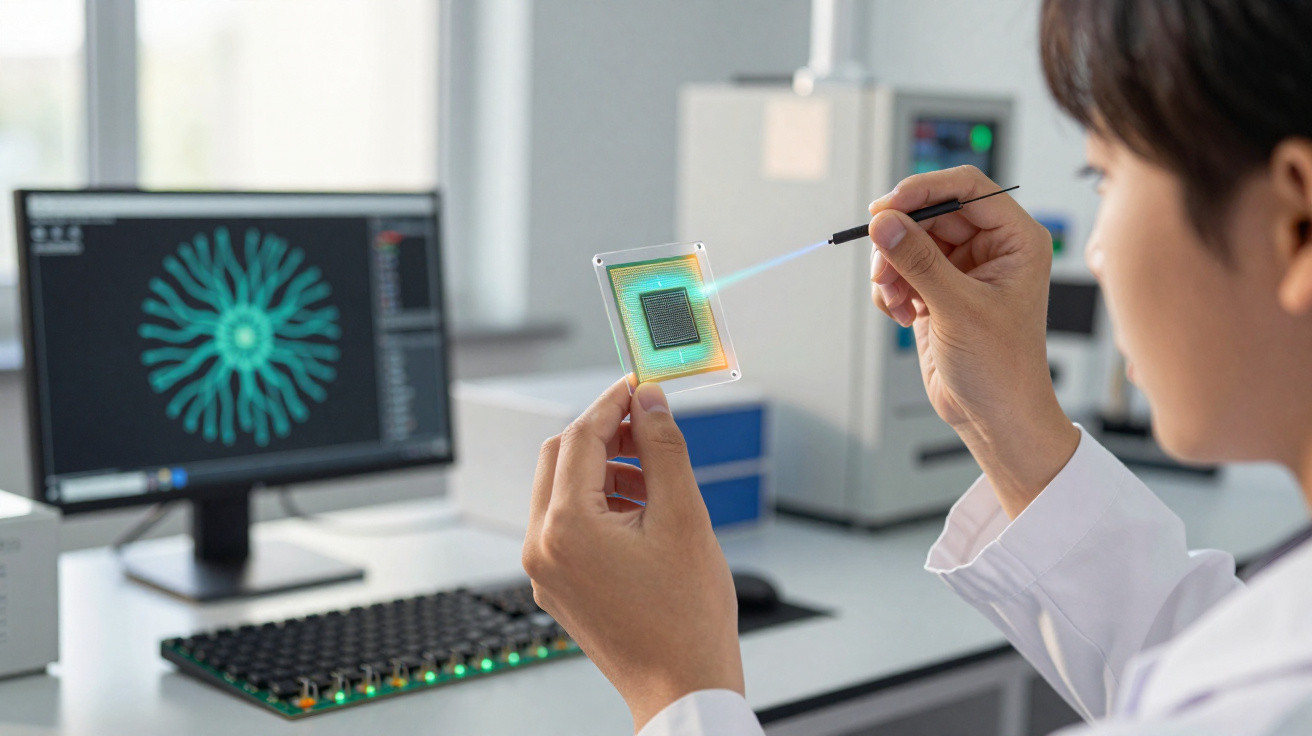 Wissenschaftler untersucht Mikrochip mit Laserpointer in Labor vor Computer mit technischem Diagramm.
