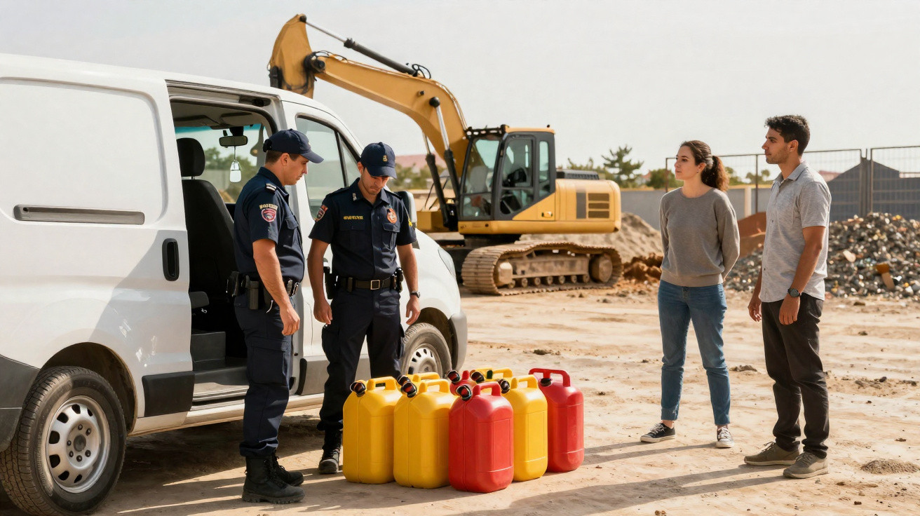 Zwei Polizisten kontrollieren an einer Baustelle mehrere gelbe und rote Benzinkanister vor einem weißen Lieferwagen.