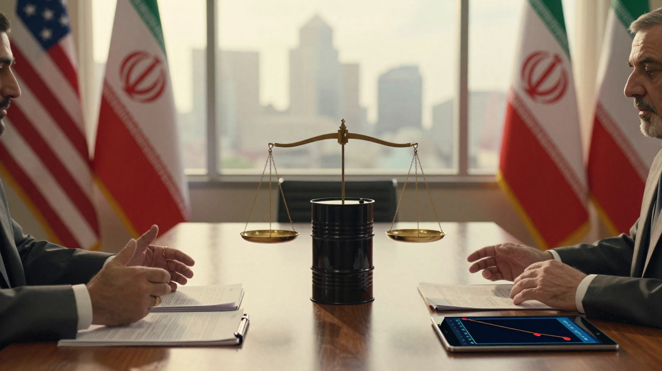 Zwei Männer bei Verhandlung mit Waage auf Ölfass und Flaggen von USA und Iran im Hintergrund.