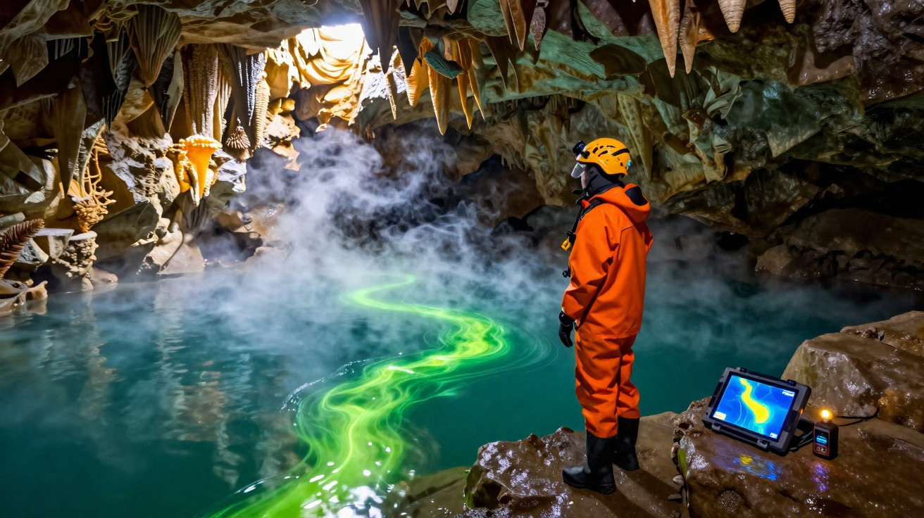 Person in orangefarbener Ausrüstung steht in Tropfsteinhöhle am leuchtend grünen Wasser mit Nebel und technischer Ausrüstung
