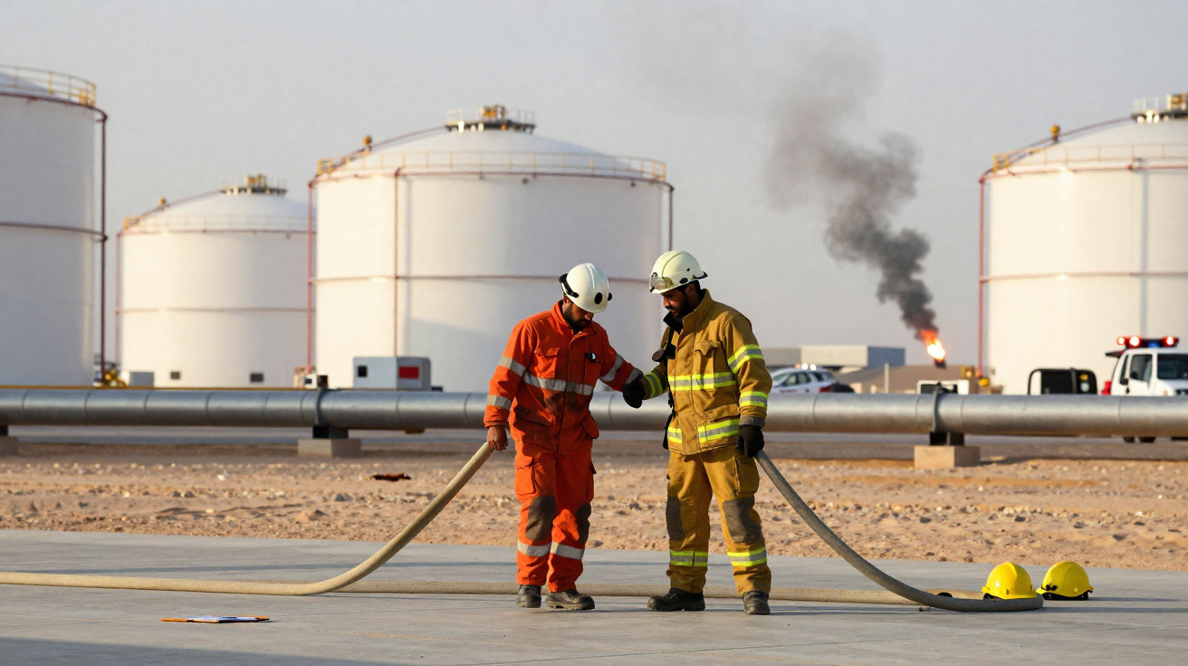Zwei Feuerwehrmänner in Schutzanzügen halten Schläuche vor großen Lagertanks in einer Industrieanlage.